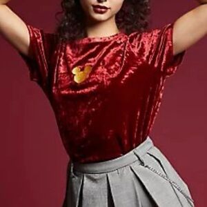 Disney Red Velvet Short Sleeve Top with Gold Accent Mickey logo crew neck XS